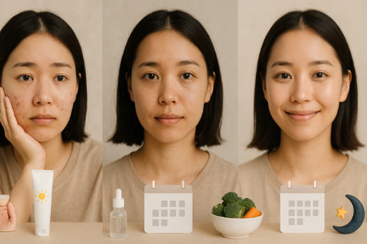 ミルセリンホワイトNKBを1〜3か月ほど続けながら日焼け止めやスキンケア、生活習慣の見直しを組み合わせてトータルにしみ対策を行う時間経過のイメージ